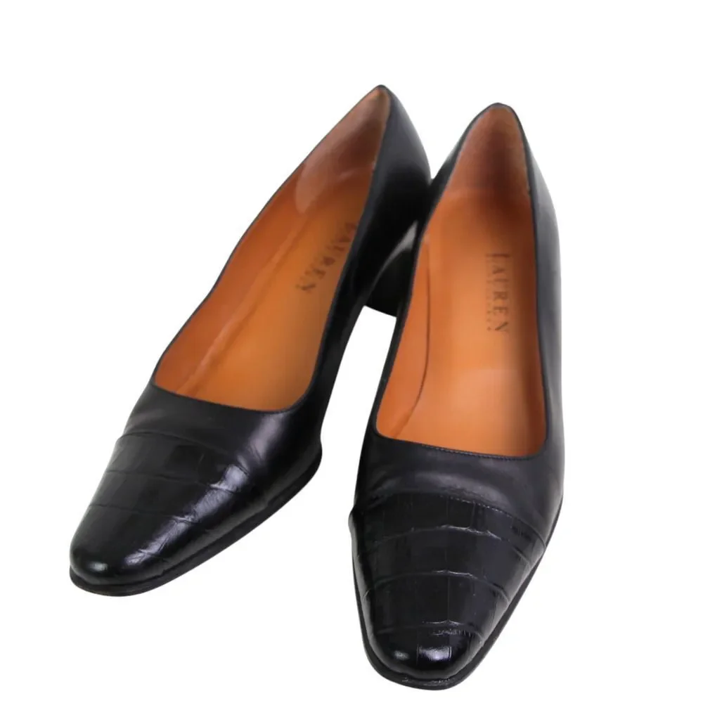 Lauren Ralph Lauren BLACK GENUINE LEATHER MID HEEL CLASSIC PUMP SHOES Sz 7 1/2 B